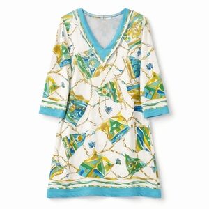 Barbara Gerwit Maritime Nautical Flag Chain Print Blue Green Stretch Shift Dress